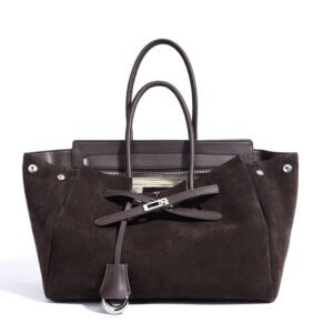 opening front of Suede & Smooth Leather Large Tote Bag with Turnlock Belt Chocolate