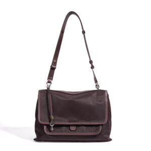 front of Women Nylon Crossbody Shoulder Bag with Leather Trim Chocolate